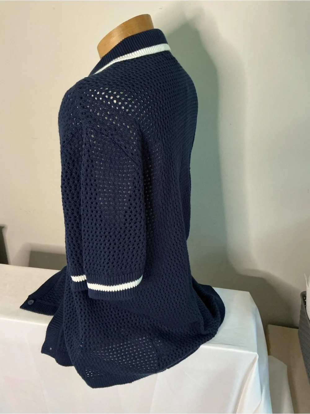 True Religion Navy Open-Knit Polo Cardigan Shirt with White Trim
